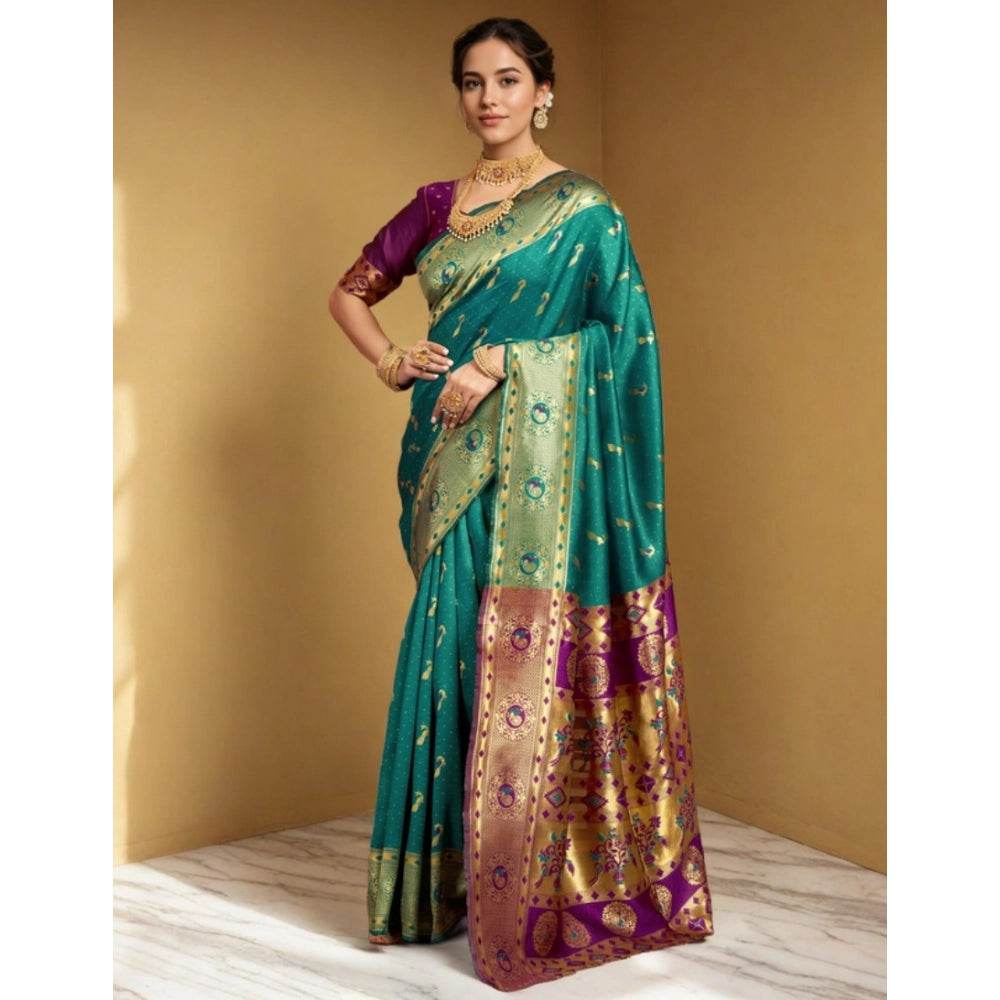 Generic Women's Silk Blend Zari Weaving Saree With Unstitched Blouse 5.5Mtr (Green) - MYLUXURY LANE ENTERPRISE